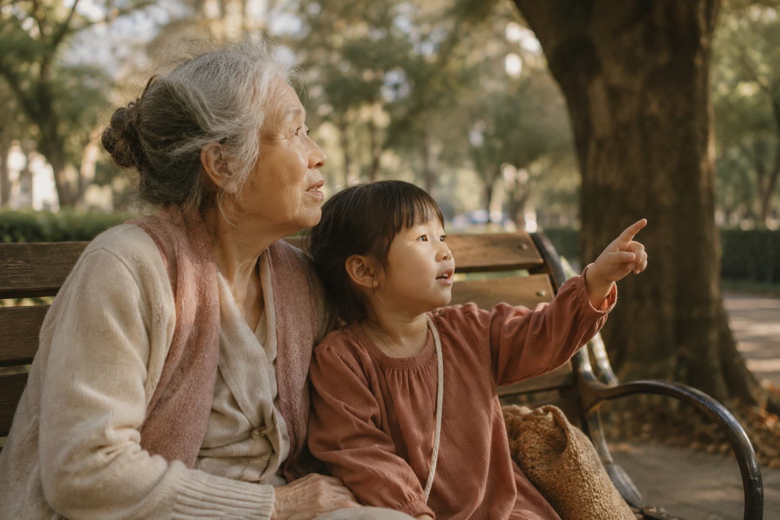 Une grand-mère et sa petite-fille assises sur un banc, dans un parc.